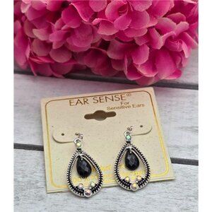 Aurora Borealis And Black Crystal Silver Tone Teardrop Earrings 1" Ear Sense